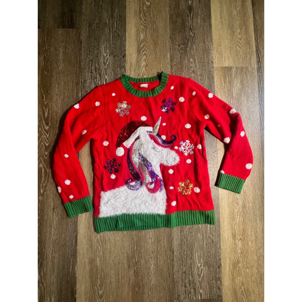Holiday Time Unicorn Christmas Sweater Kids XL 14-16 Red Green Good Sequin Plush